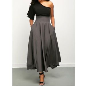 One Shoulder Top and Front Slit Belted Skirt